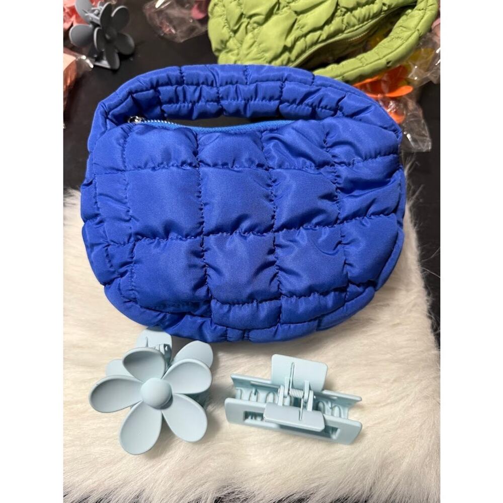 Blue Hobo Style Puffer Bag & Hair Claws